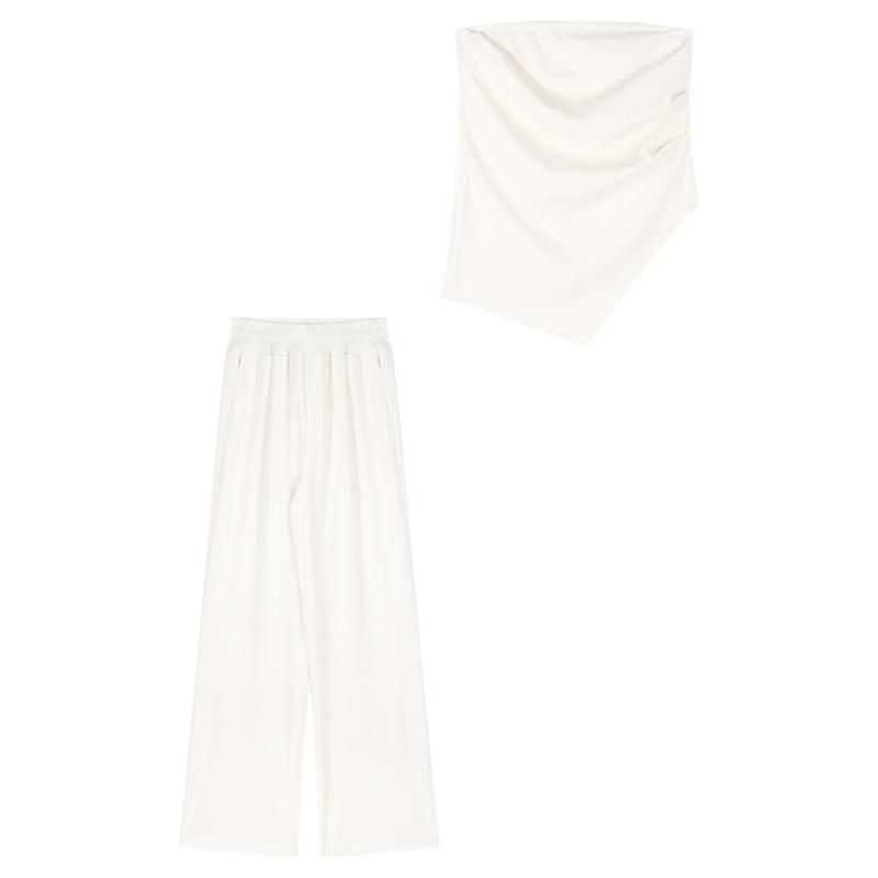 Conjunto de 2 piezas de verano para mujer, top de tubo irregular y pantalones anchos informales de cintura alta a la moda