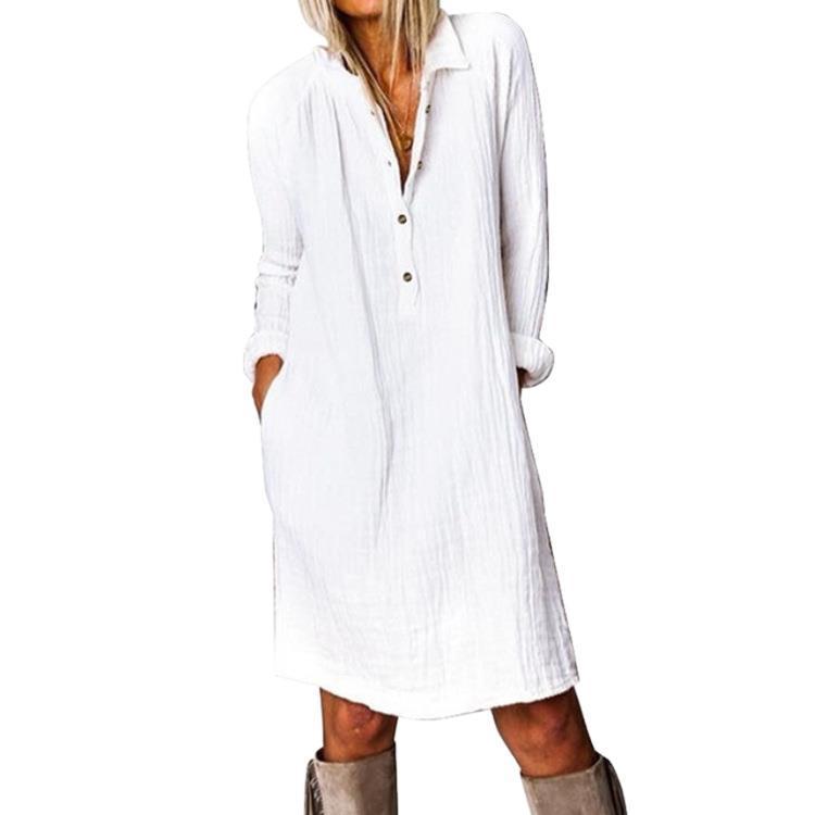 Women Solid Color Casual Basic Loose Long-Sleeved Shirt Dress