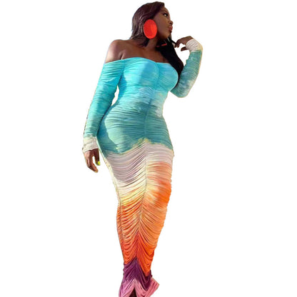 Vestido largo informal elegante con estampado tie-dye, hombros descubiertos y manga larga con pliegues para mujer