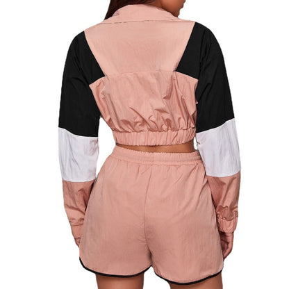 Conjunto deportivo informal de dos piezas para mujer, con panel de contraste, cremallera, cuello alto, manga larga, elástico, top y pantalones cortos