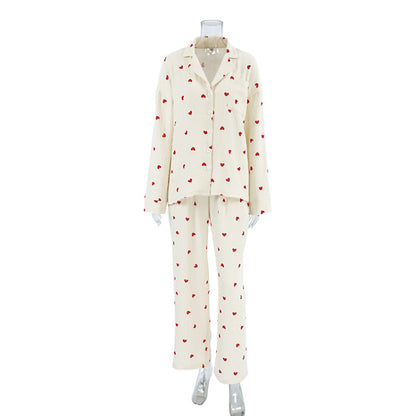 Conjunto de pijama informal de manga larga con estampado de corazones para mujer