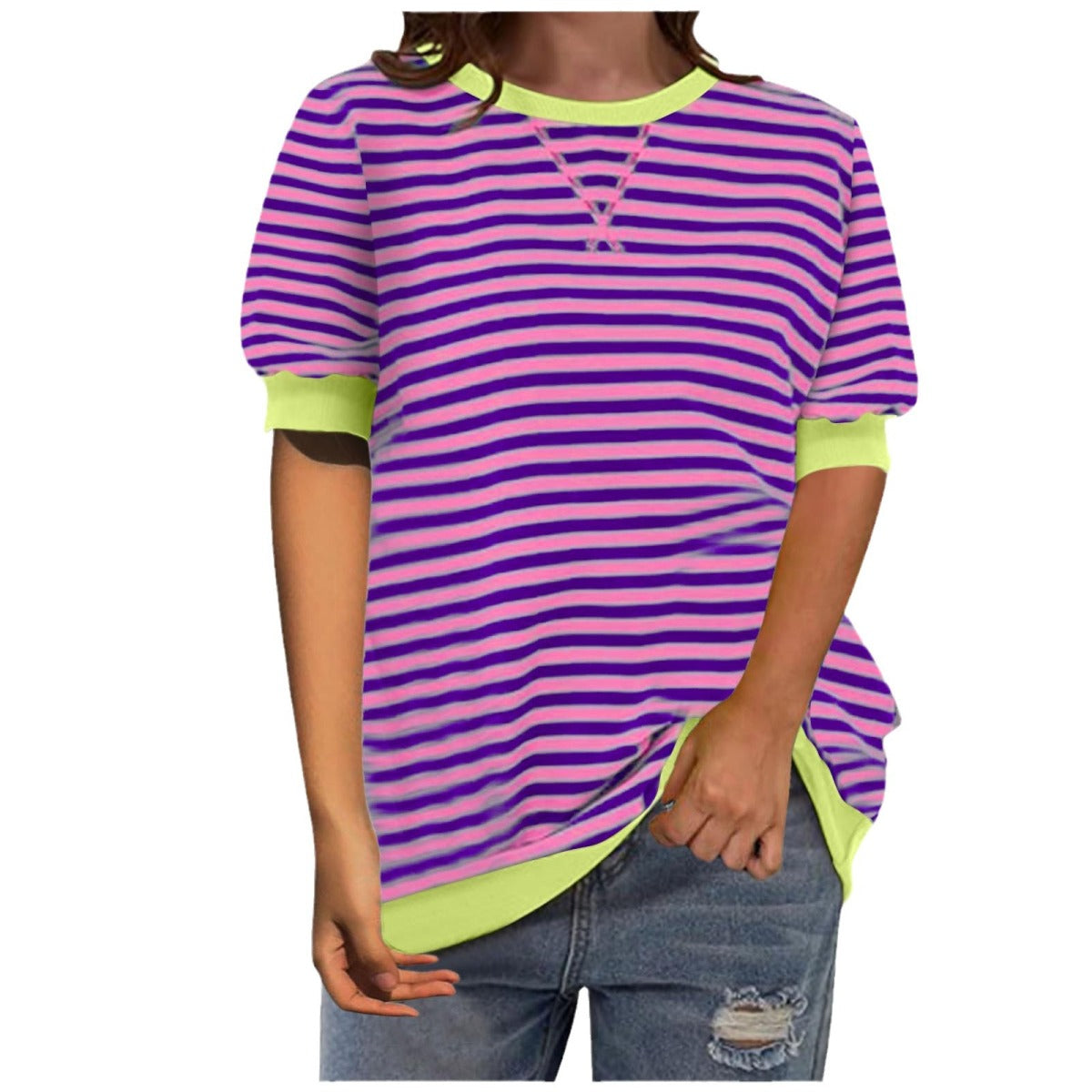 Camiseta informal sencilla de manga corta con estampado de rayas y cuello redondo con bloques de color para mujer