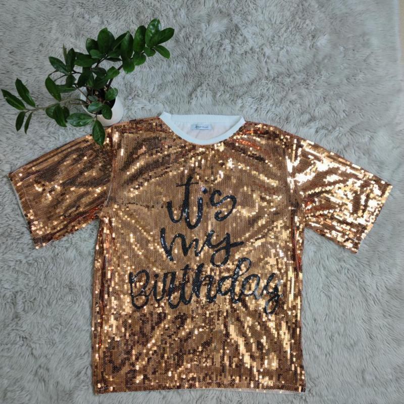 Vestido informal de manga corta con lentejuelas y letras para mujer