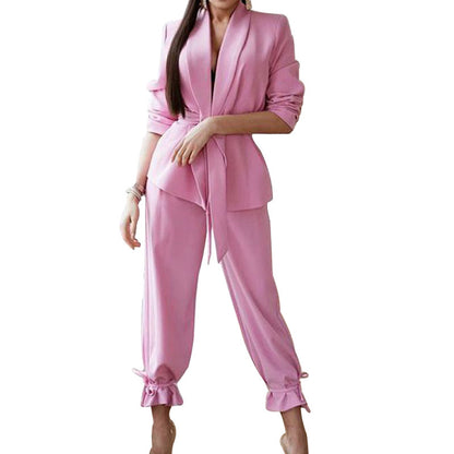 Traje de dos piezas con blazer y pantalón informal de color liso para mujer