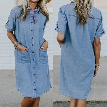 Women Solid Denim Lapel Short Sleeve Button Pocket Loose Casual Dress