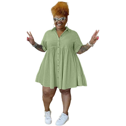 Women Casual Basic Solid Color Single-breasted Short Sleeves Plus Size Ruffled Dress