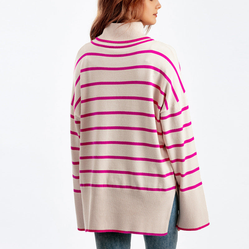 Autumn And Winter Women Casual Stripe Turtleneck Knitted Sweater