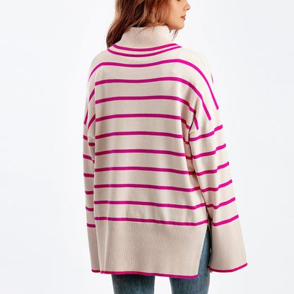 Autumn And Winter Women Casual Stripe Turtleneck Knitted Sweater