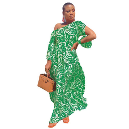 Summer Women Fashion Casual Oblique Shoulder Geometric Print Loose Maxi Dress