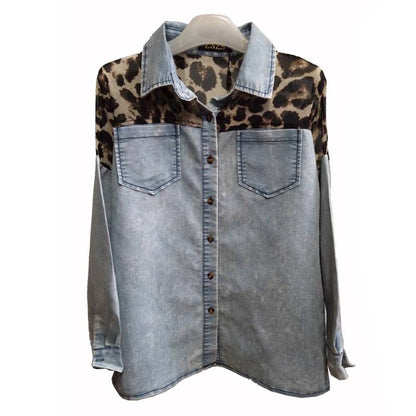 Camisa vaquera informal con estampado de leopardo y solapa para mujer