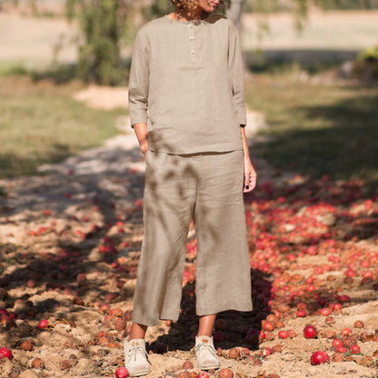 Conjunto de dos piezas con cuello redondo, botones y pantalones anchos de pierna ancha para mujer, talla grande
