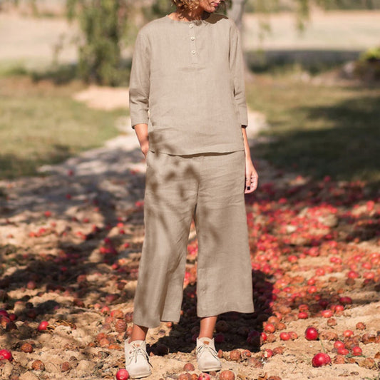 Conjunto de dos piezas con cuello redondo, botones y pantalones anchos de pierna ancha para mujer, talla grande