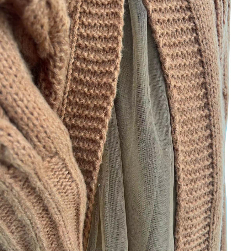 Women Fashion Casual Solid Color Sweater Split Mesh Skirt Two Pieces Set