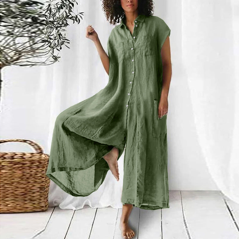 Casual Women Loose Comfortable Linen Solid Color Short Sleeve Single-Breasted Jumpsuits