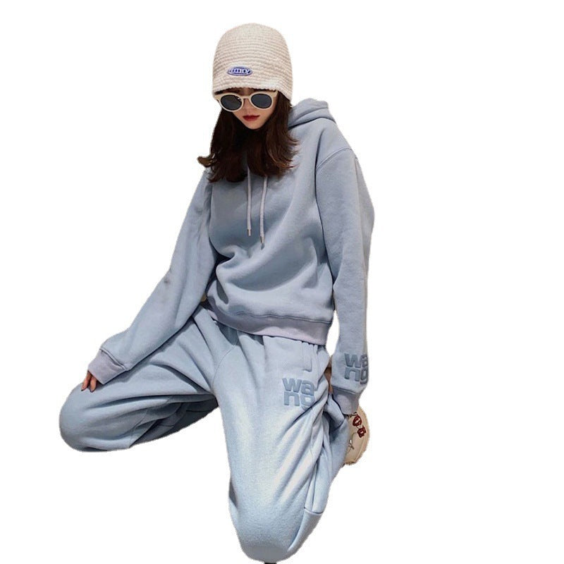 Women Solid Lettering Hoodie And Elastic Pants Casual Loose Two Piece Set