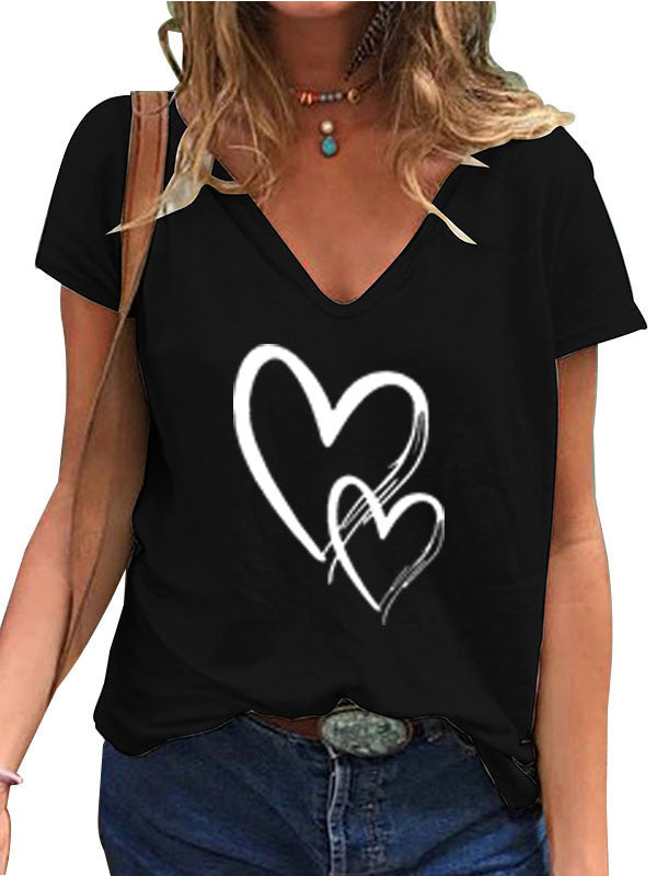Camiseta informal de manga corta con cuello en V y estampado de corazón para mujer