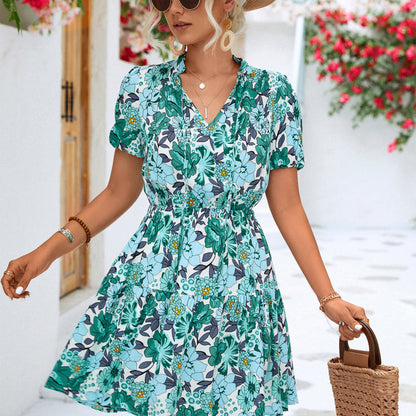 Vestido de verano informal con estampado floral y manga corta para mujer, ideal para vacaciones