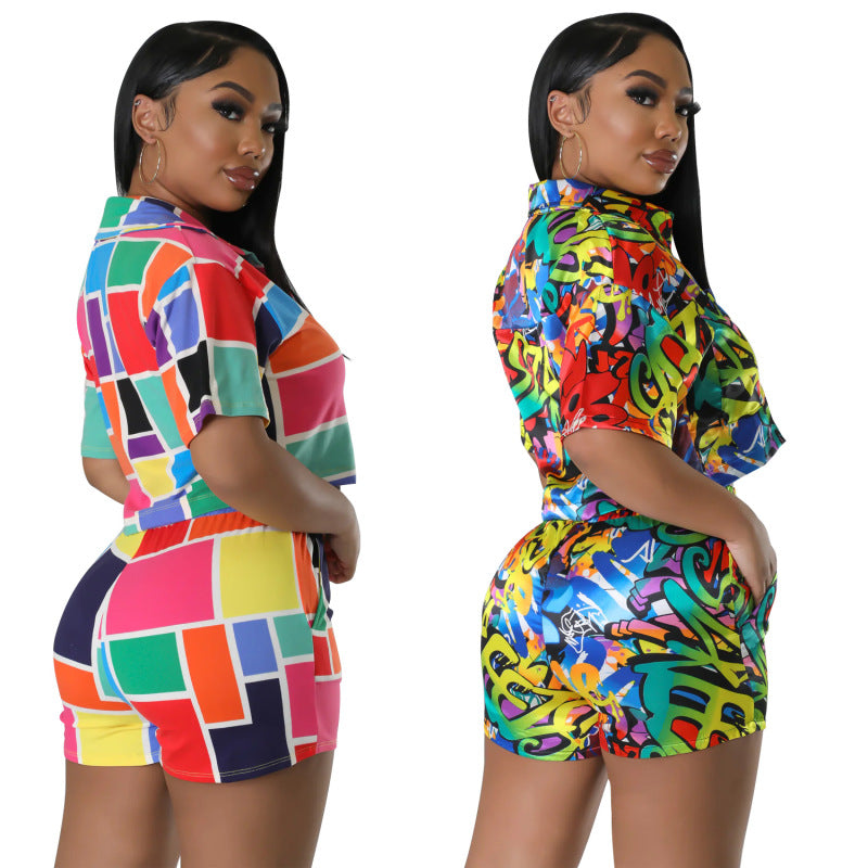 Conjunto de dos piezas de manga corta con solapa y estampado informal de verano para mujer