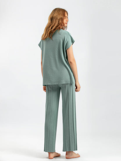 Conjunto de punto con pantalones anchos y chaleco sin mangas de color liso informal para mujer