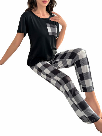 Conjunto de pijama informal a cuadros para mujer de dos piezas