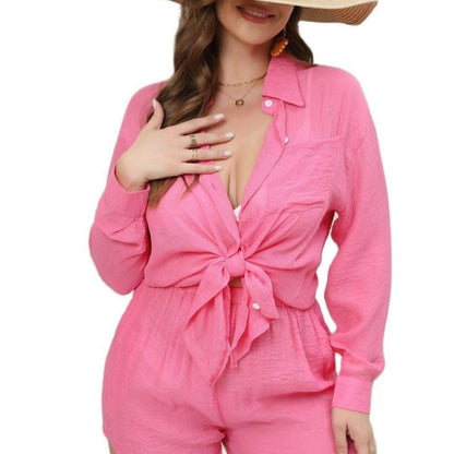 Women Casual Solid Color Plus Size Long Sleeve Shirt Loose Shorts Two-Piece Set