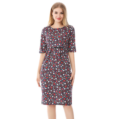 Vestido de lactancia de verano para embarazadas, informal, con estampado de flores pequeñas, cuello redondo y manga corta