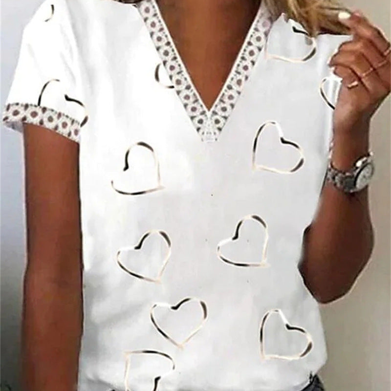 Blusa informal de verano para mujer, con escote en V, encaje, plumas, estampado floral, manga corta