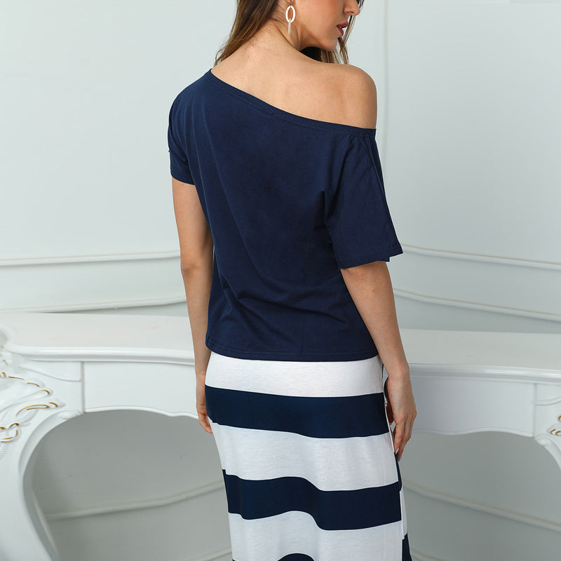 Conjunto de top informal con estampado gráfico atrevido para mujer y falda con bloques de color a rayas