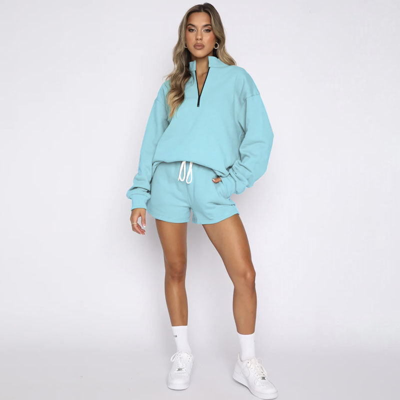 Women Casual Solid Color Stand Collar Half Zipper Long Sleeve Hoodie And Shorts Set