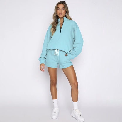 Women Casual Solid Color Stand Collar Half Zipper Long Sleeve Hoodie And Shorts Set