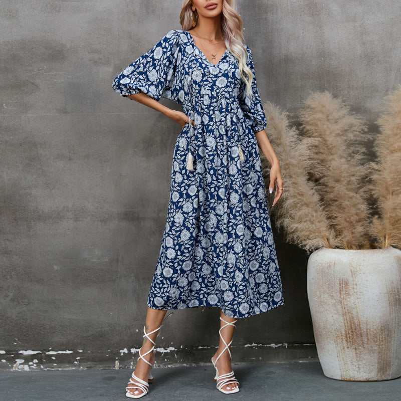 Spring And Summer Women'S Casual High Waist Floral Print V-Neck Half-Sleeve Bohemian Loose Vacation Beach Dress