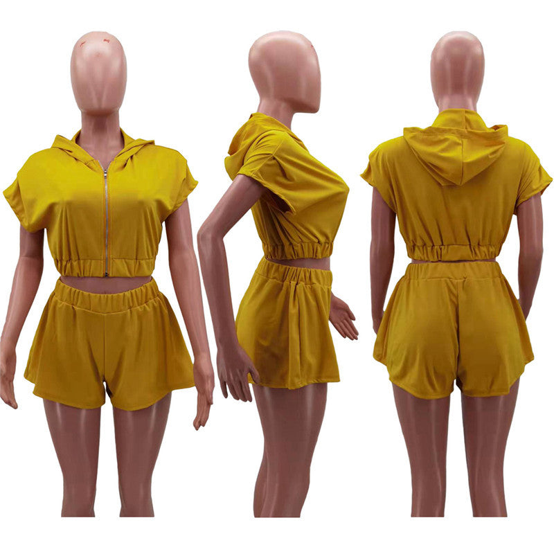 Conjunto de dos piezas para mujer, sudadera con cremallera, top corto y pantalones cortos, conjuntos casuales a juego