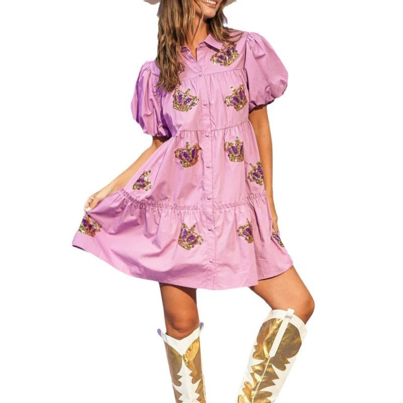 Spring And Summer Women Crown Sequin Puff Sleeve Sweet Style Casual Dress
