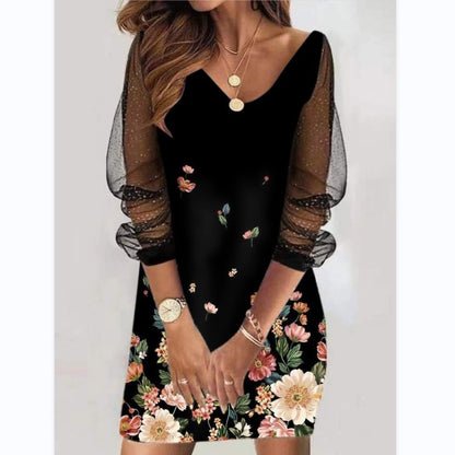 Casual Plus Size Women Sequined See-Through Mesh Long Sleeve Casual Dress