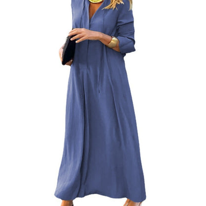 Women Solid Color Lapel Long Sleeve Loose Casual Long Dress