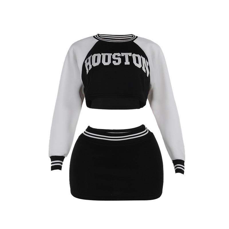 Women Fashion Casual Letter Print Round Neck Long Sleeve Crop Sweatshirt Skirt Two-Piece Set
