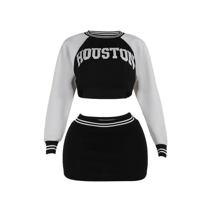 Women Fashion Casual Letter Print Round Neck Long Sleeve Crop Sweatshirt Skirt Two-Piece Set