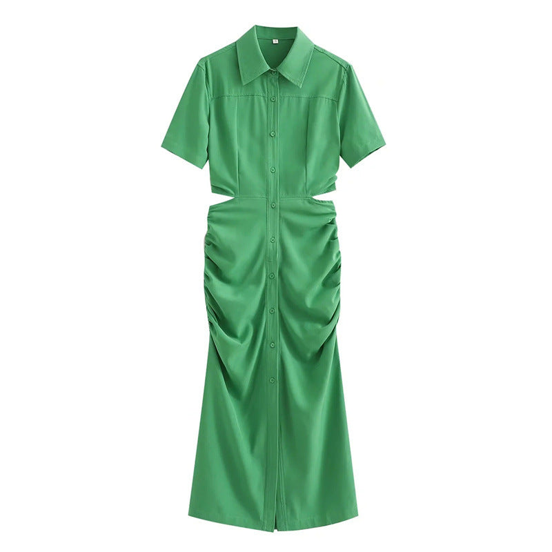 Women Casual Solid Color Back Hollow Short-Sleeved Buttoned Shirt Dress