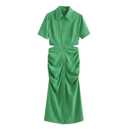 Women Casual Solid Color Back Hollow Short-Sleeved Buttoned Shirt Dress