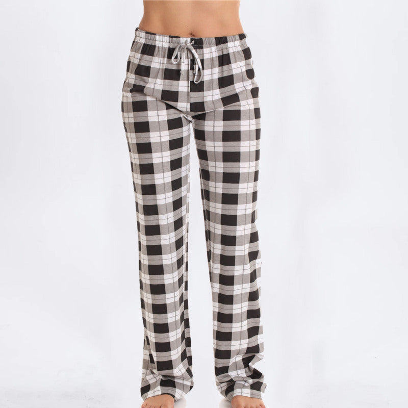 Women Classic Plaid Pattern Casual High Waist Drawstring Pants