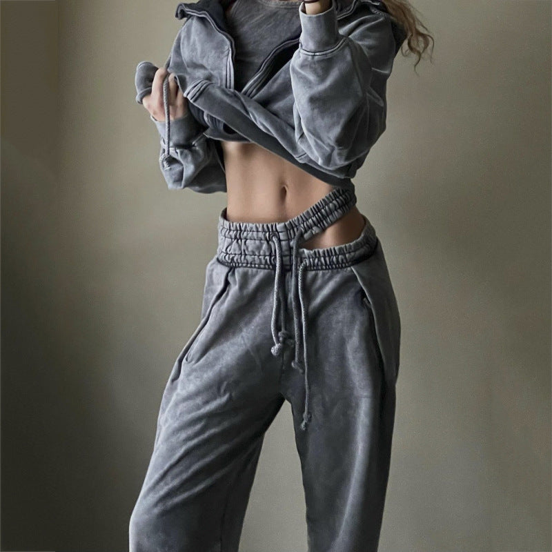 Women Casual Retro Loose Hollow Drawstring Straight-Leg Sweatpants