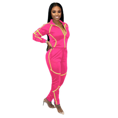 Autumn And Winter Women Long-Sleeved Splicing Solid Color Casual Sports Sets