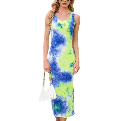 Women Fashion Summer Vacation Casual Tie Dye U Neck Sleeveless Maxi Dress
