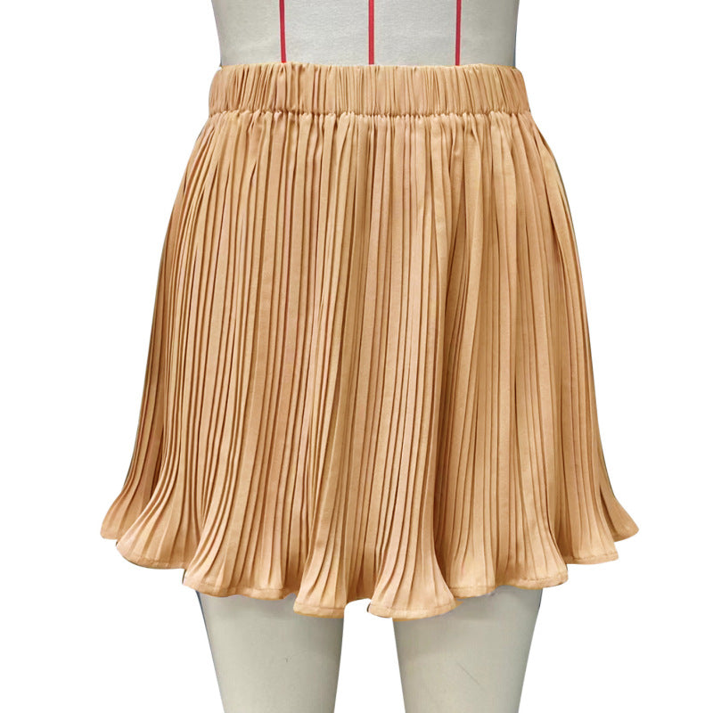 Women Solid Color High Waist Real Elastic Fashion Casual Pleated Skirt