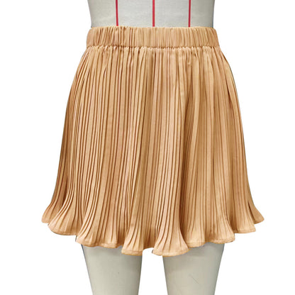 Women Solid Color High Waist Real Elastic Fashion Casual Pleated Skirt