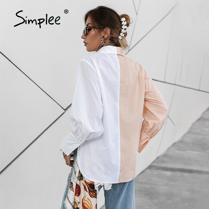 Blusa informal de trabajo para mujer con mangas largas abullonadas, botonadura sencilla y diseño de bloques de color