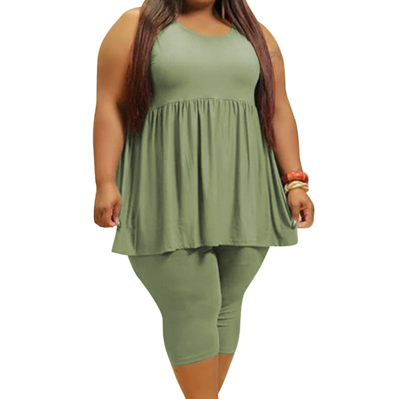 Conjunto de dos piezas con volantes de color liso sin mangas sexy informal de verano para mujer de talla grande