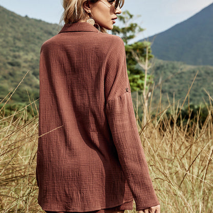 Two Piece Set Casual Outfit Suits Women Blouse Tops Cotton Linen Shorts Sets