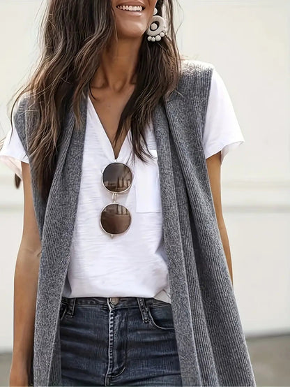 Chaqueta tipo chaleco de punto sin mangas informal de color liso para mujer