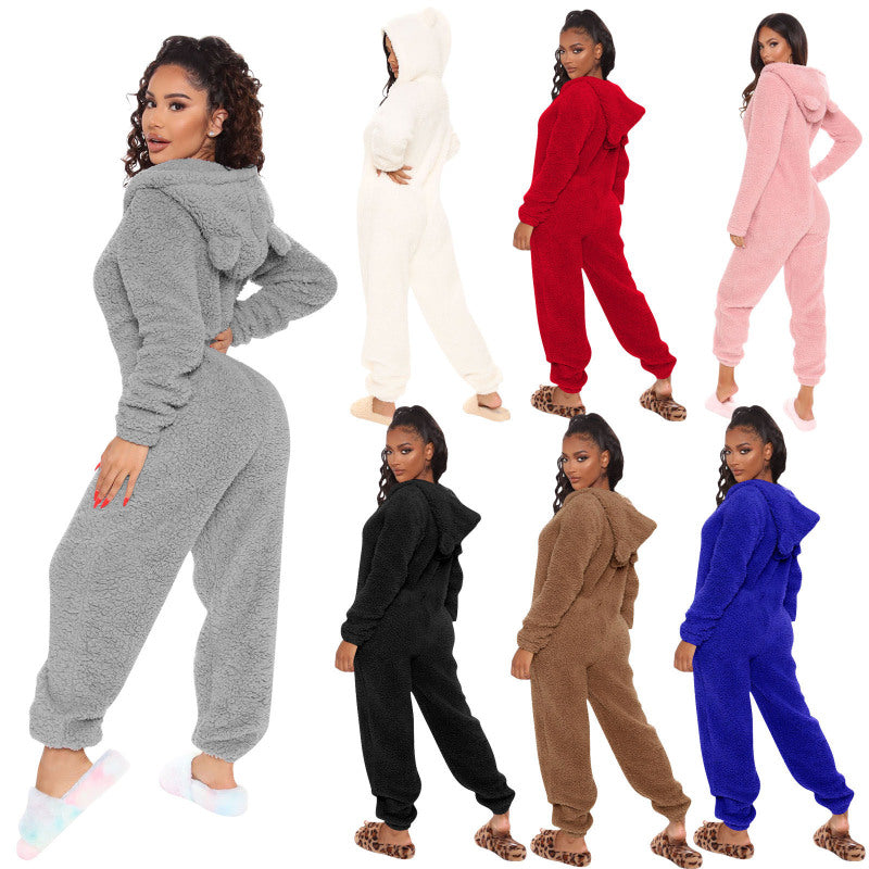 Women Long Sleeve Hooded Plush Casual Jumpsuits Pajamas